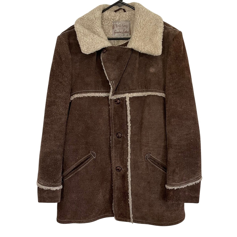 Vtg North King Rancher Coat Brown Suede Shearling Mens 42‎ Long Western Cowboy